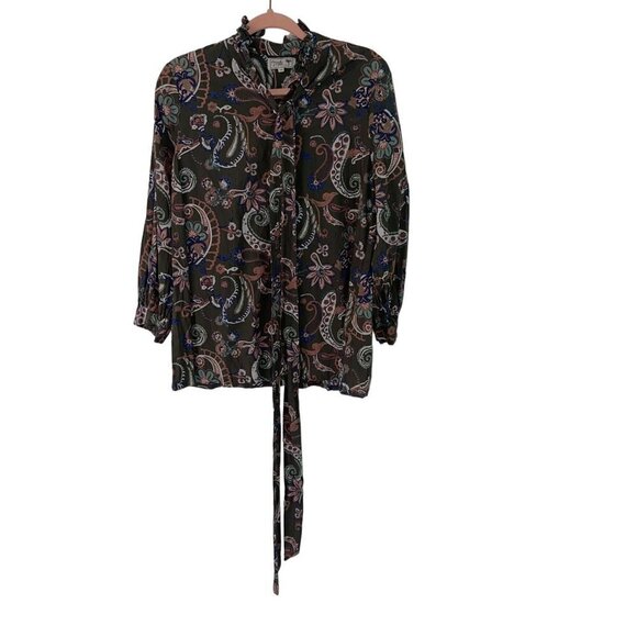 Mille Womens Top Size XS Green Le Marais Paisley Button Up Long Sleeve Tie Neck - Picture 10 of 10